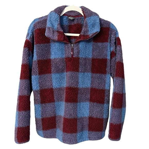 Eddie Bauer Mid Weight Plush 1/4 Zip Pullover Sweatshirt Burgundy Blue Large - Picture 2 of 5